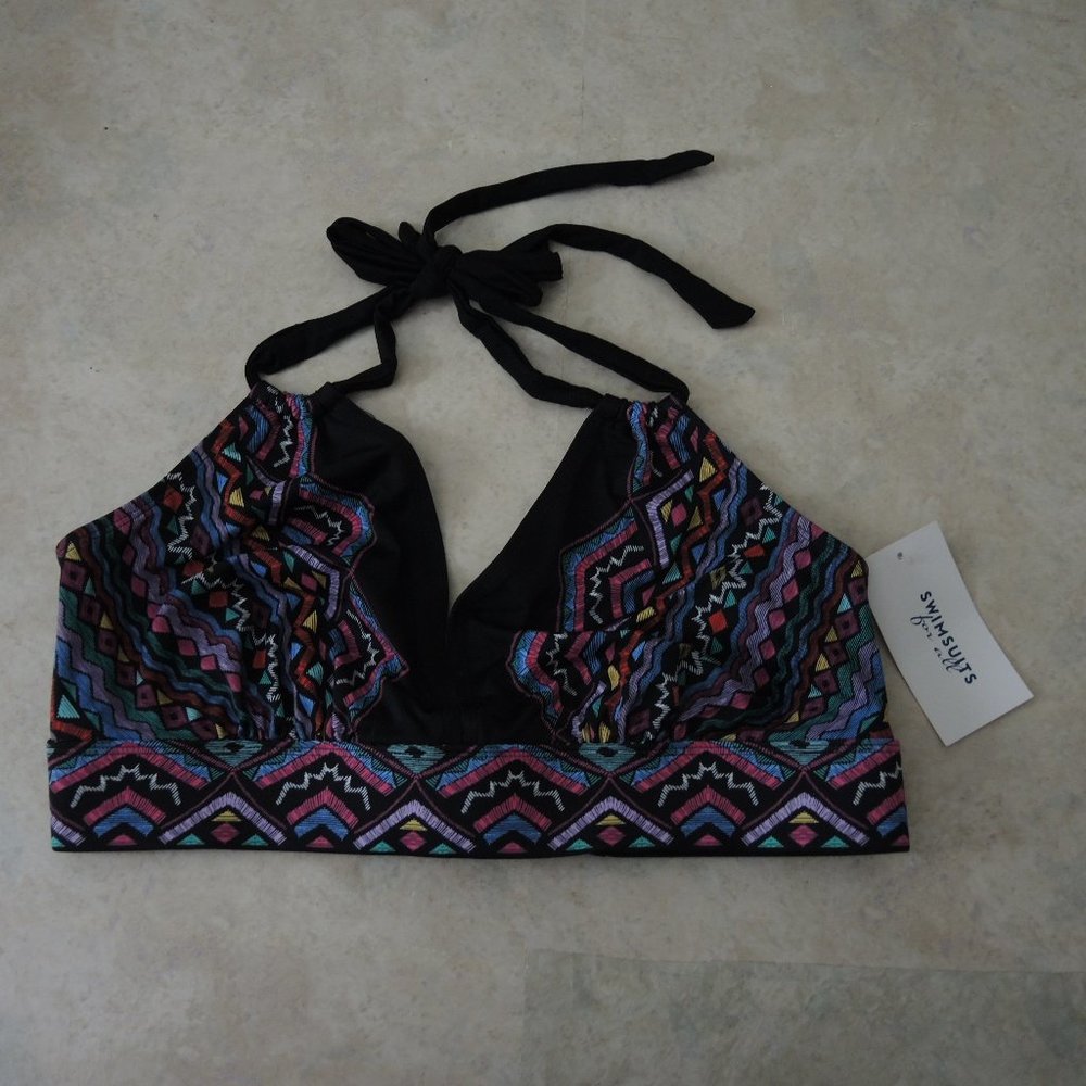 4/$25 Swimsuits For All Halter Bikini Top Colorful Aztec Style Print Size 16
